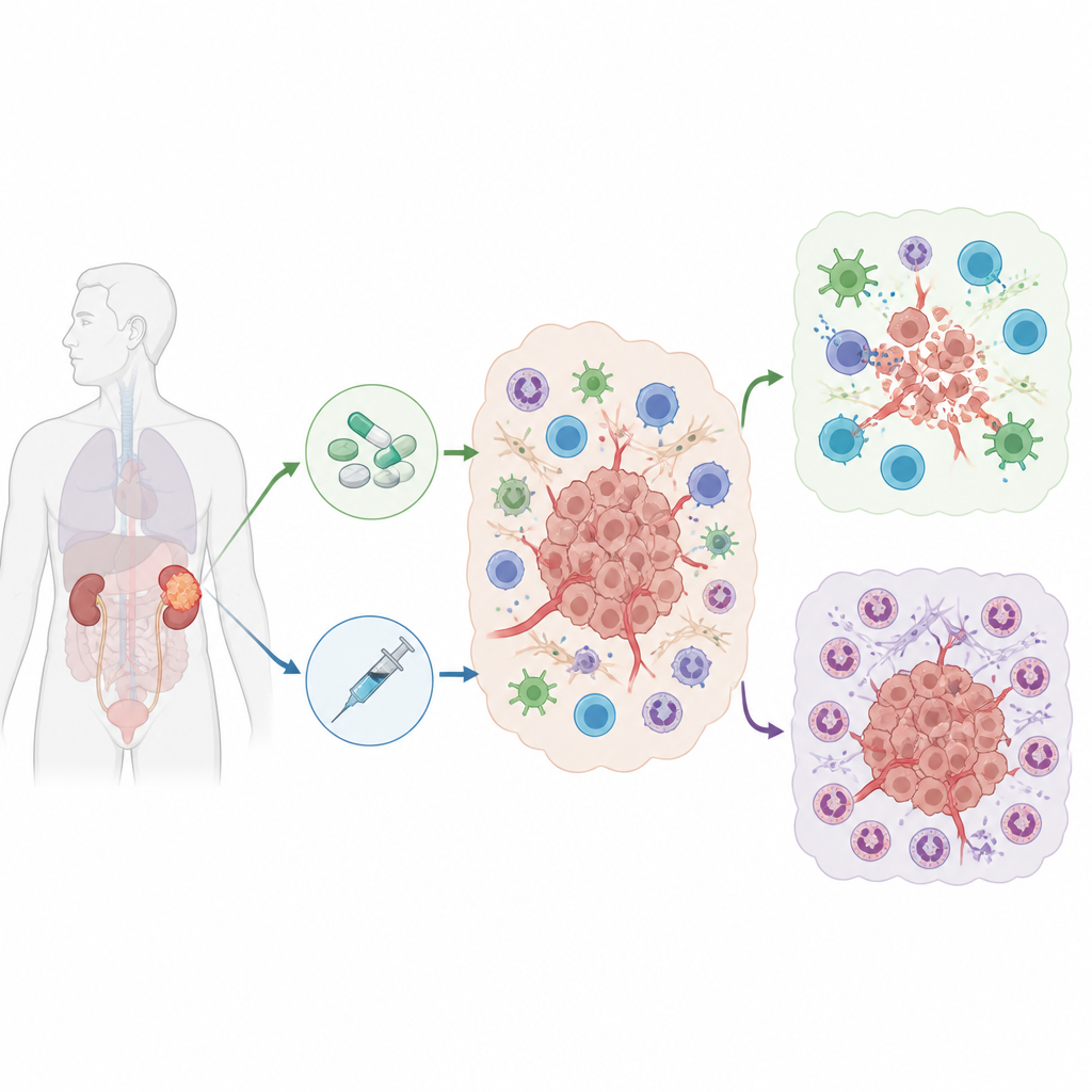 Figure 1. Wie kombinierte Therapien beim Nierenkrebs die benachbarten Immunzellen umgestalten und warum Tumoren trotzdem entkommen können.