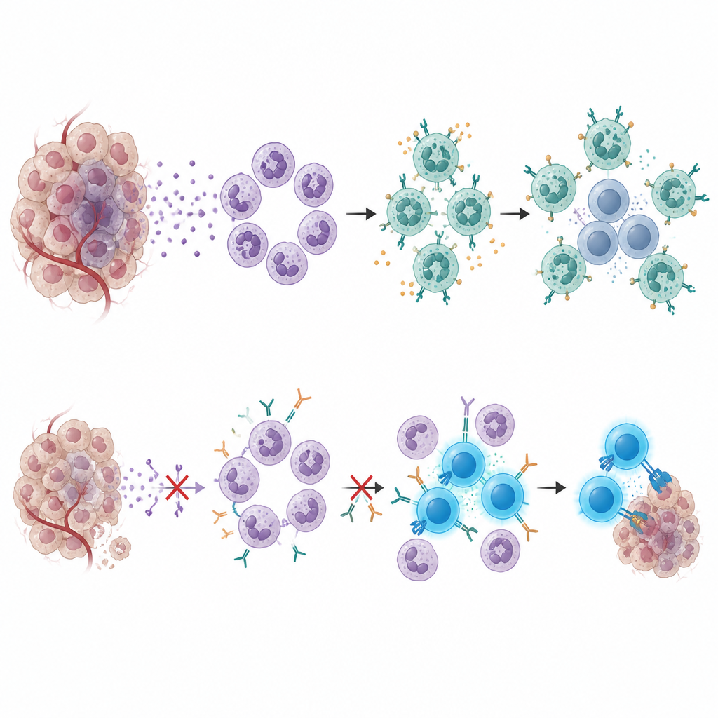 Figure 2. Wie Tumorsignale Neutrophile in T‑Zell‑unterdrückende Zellen verwandeln und wie deren Blockade die Immunantwort gegen Nierentumoren wiederherstellt.