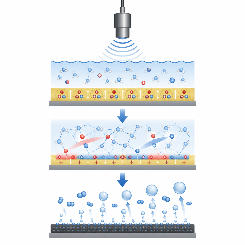 Figure 1. De brèves impulsions ultrasonores remodelent l’eau dans un électrolyseur, aidant un catalyseur au nickel à libérer l’oxygène avec moins d’énergie supplémentaire.