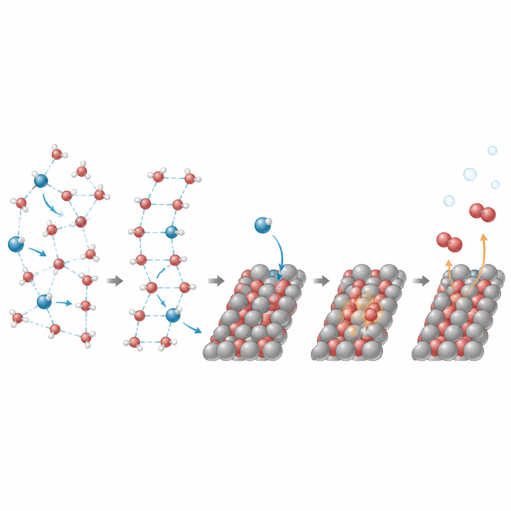 Figure 2. Les ions hydroxyde sautent à travers un réseau d’eau assoupli jusqu’à une surface de nickel où des atomes d’oxygène du réseau se combinent pour former du gaz oxygène.