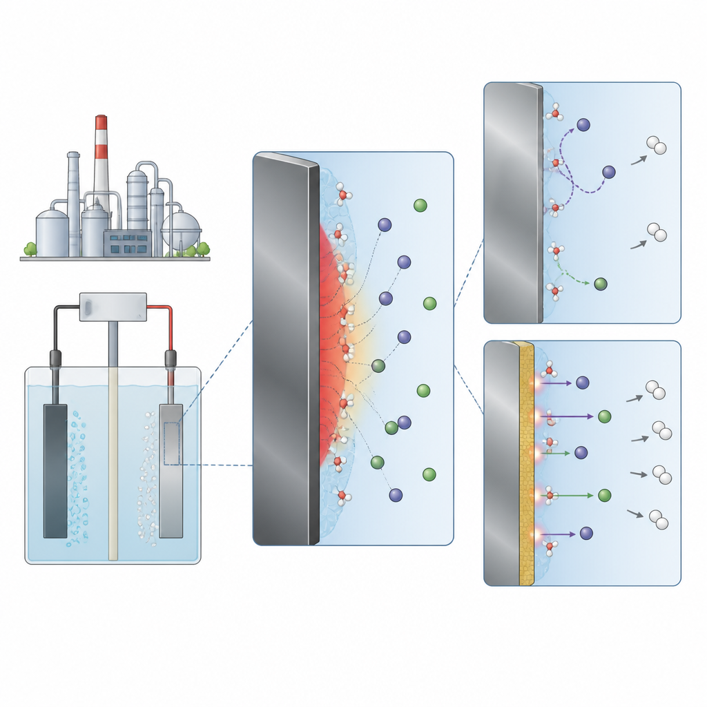 Figure 1. Wie eine winzige elektrische Barriere an einem Metall im Wasser bestimmt, wie leicht sich Elektrizität in Wasserstoffkraftstoff umwandeln lässt.