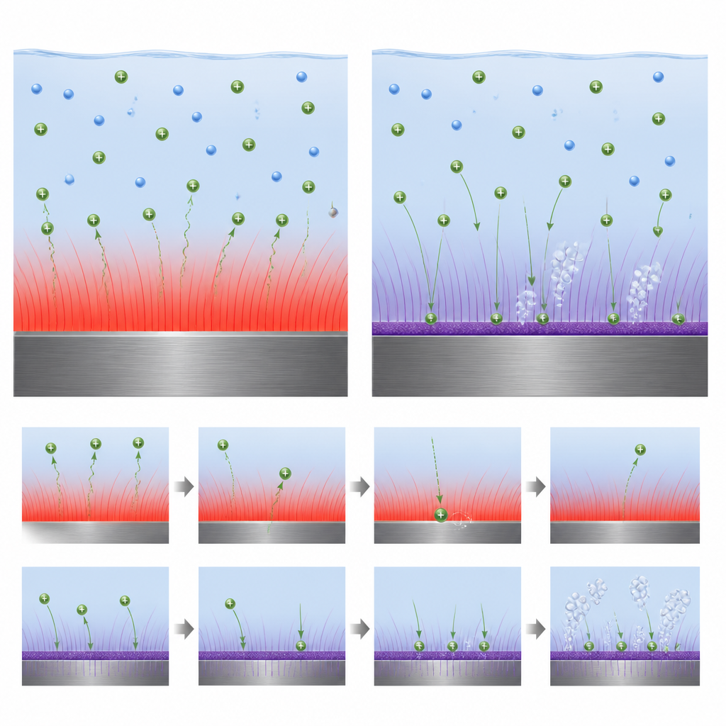 Figure 2. Wie eine nur wenige Nanometer dünne Beschichtung auf einem Metall die elektrische Barriere umformt, sodass Ionen die Oberfläche leichter erreichen und Wasserstoff bilden.