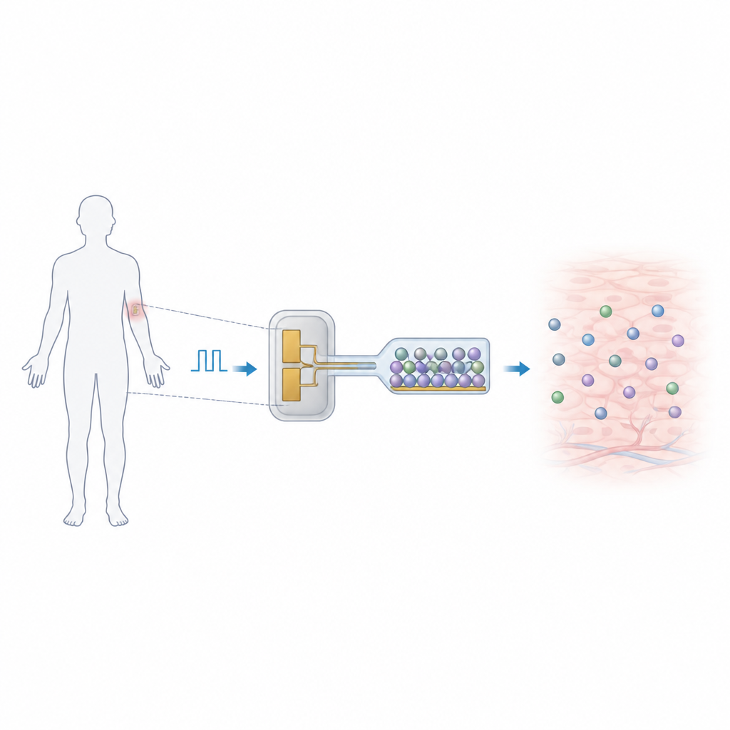Figure 1. Elektrische Signale lenken ein winziges Implantat, das nahegelegene Medikamentenlager an- und ausschaltet für präzise lokale Behandlung.