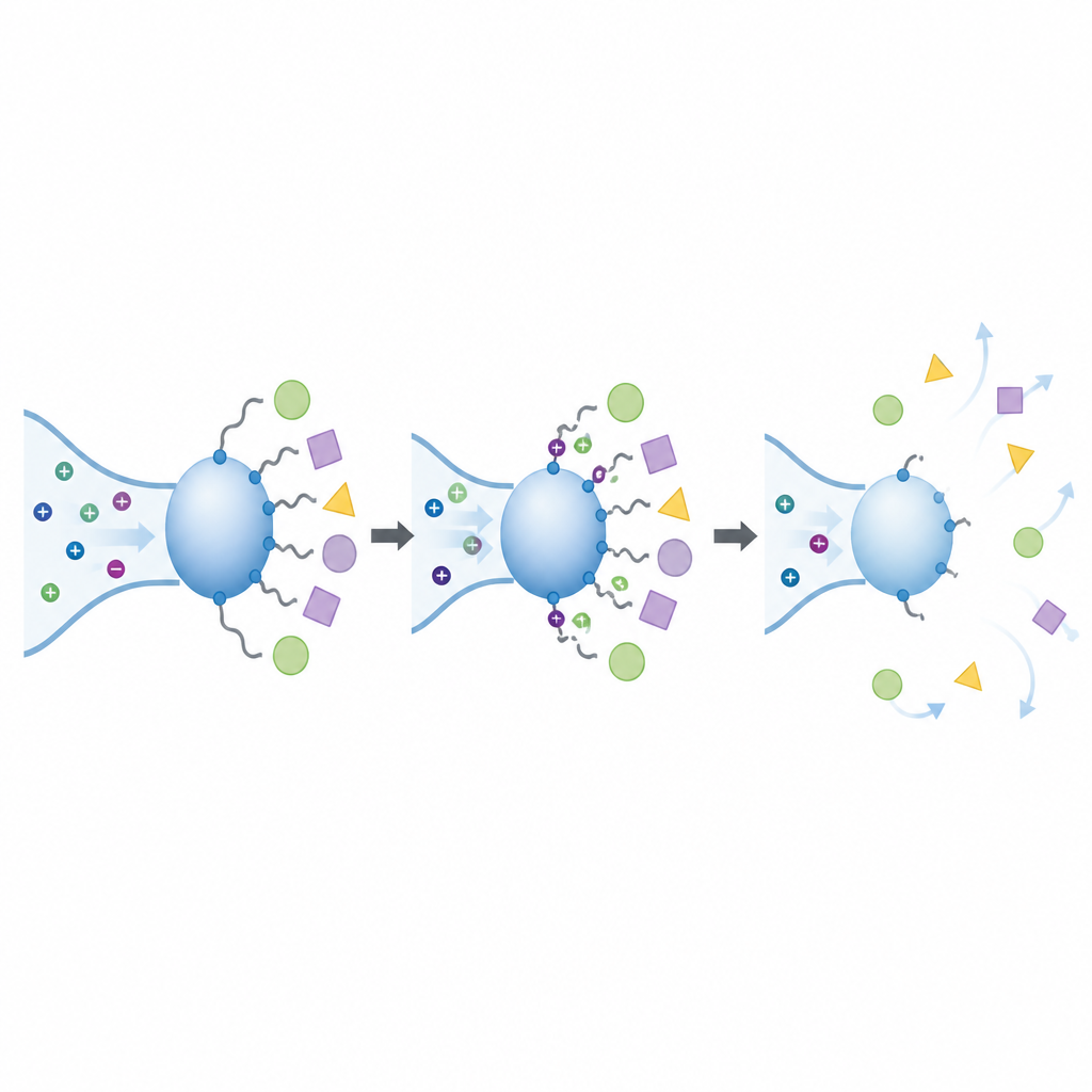 Figure 2. Kleine geladene Auslöser erreichen eine Perle, schneiden chemische Verknüpfungen durch und lassen größere Wirkstoff- oder Proteinfrachtstücke freidiffundieren.
