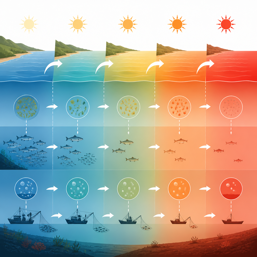 Figure 2. Trapgewijze opwarming van kustwateren veroorzaakt in de loop van de tijd abrupte veranderingen in zuurstof, zeeleven en visserijen.