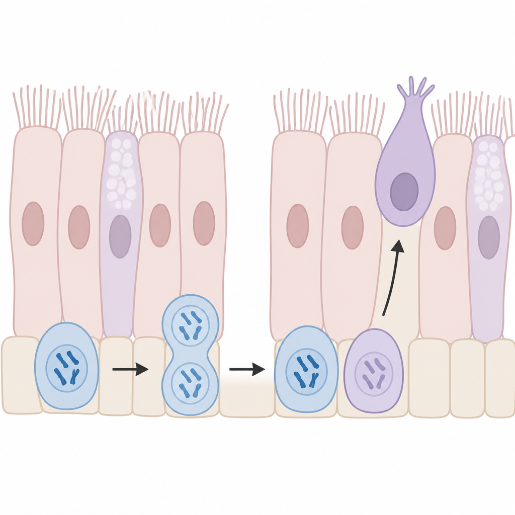 Figure 2. كيف تُنتج خلية جذعية شمية واحدة أثناء الانقسام ابنتين لهما مستقبلان مختلفان