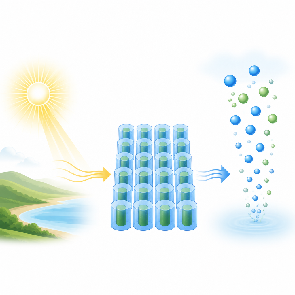 Figure 1. Sunlight shines on printed algae–bacteria gels that convert light into rising hydrogen bubbles.