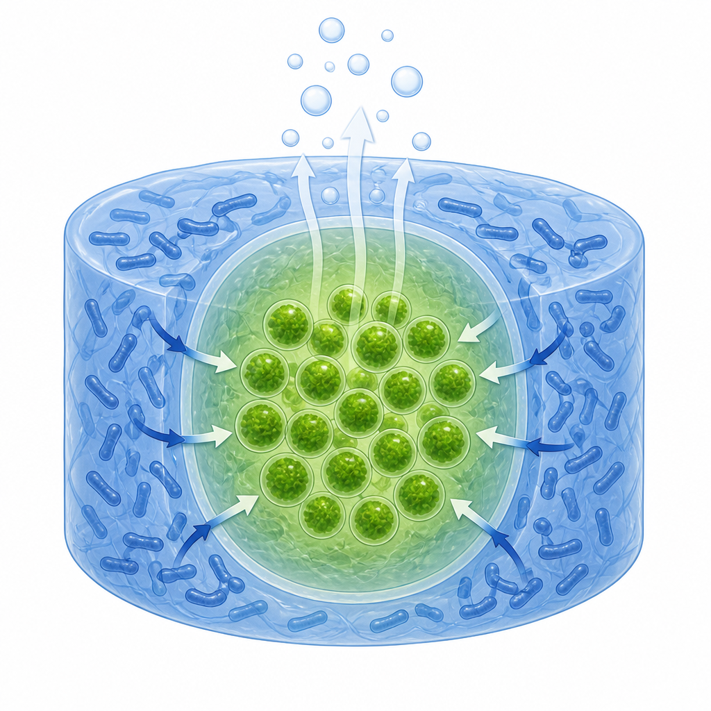 Figure 2. Close-up core–shell gel where bacteria remove oxygen around algae that release hydrogen bubbles upward.