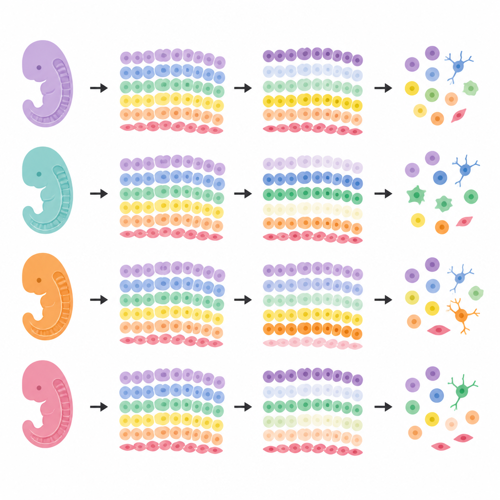 Figure 2. Tek bir gen değişikliğinin bir dokuda nasıl uzak hücre tiplerini etkilediği ve bunun erken zebrafish gelişimi sırasında nasıl dalgalar oluşturduğu