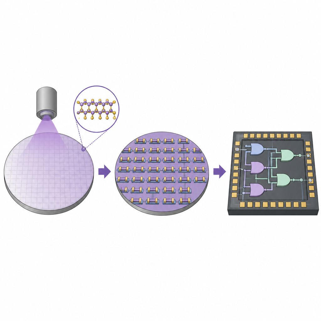 Figure 1. Dai film atomici di MoTe2 su scala wafer a circuiti logici densi e a basso consumo costruiti da numerosi interruttori identici di tipo p