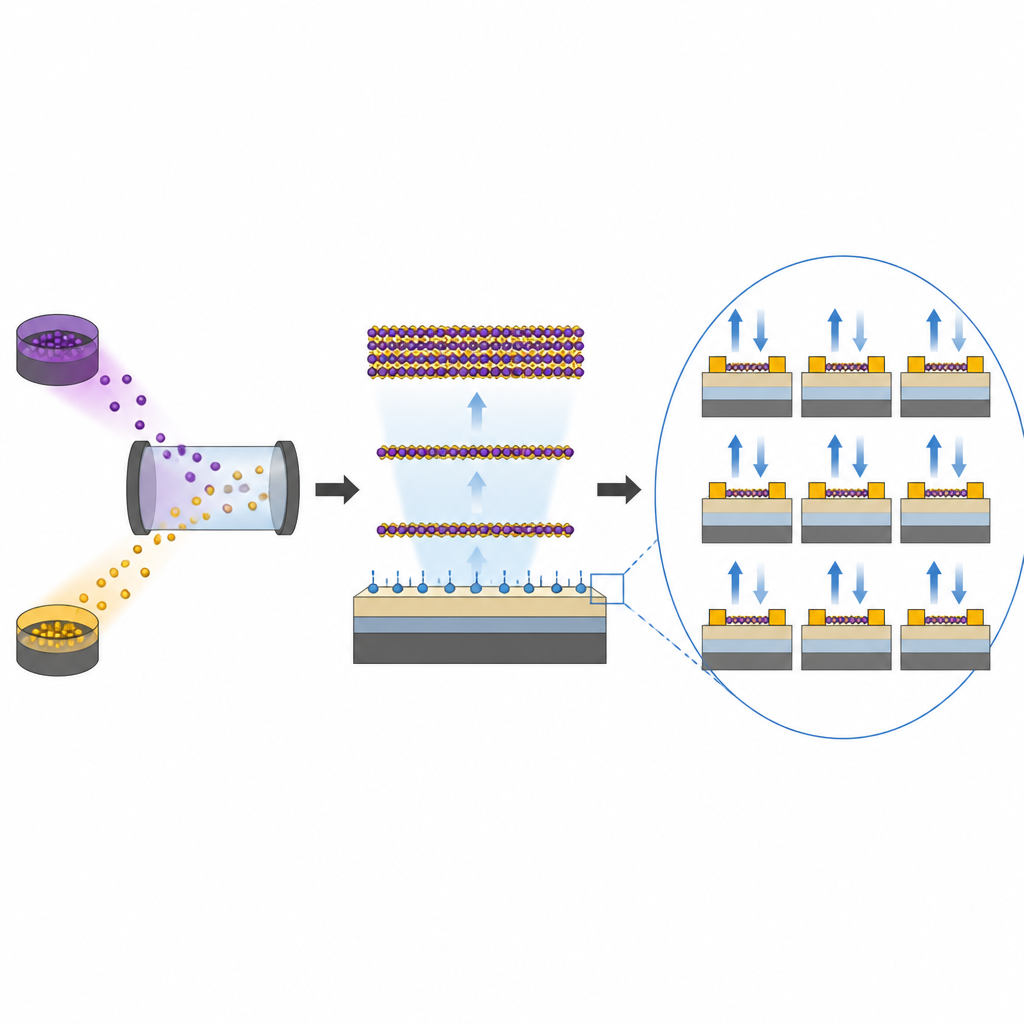 Figure 2. Crescita controllata da vapore e regolazione degli spessori creano canali MoTe2 uniformi che producono transistor coerenti e a bassa tensione in matrici