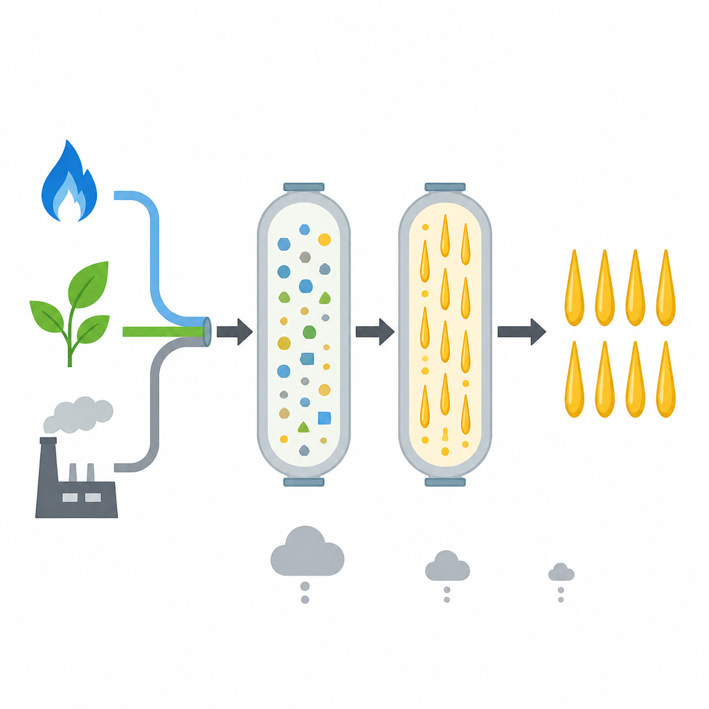 Figure 1. Syngas che scorre attraverso reattori accoppiati per diventare flussi di prodotti liquidi a catena lunga puliti con pochissimi gas di scarto.