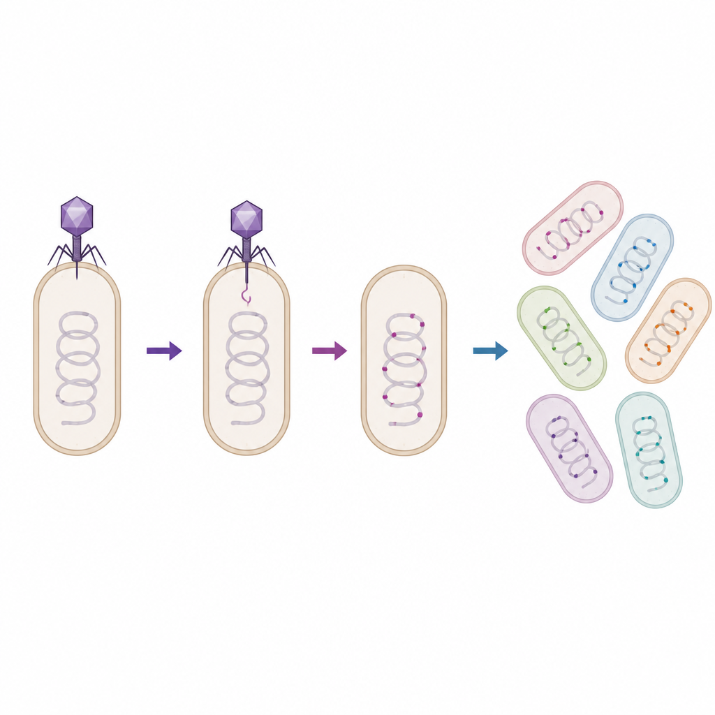 Figure 2. عرض خطوة بخطوة لعلامة فيروسية تُوسم RNA البكتيري لتظهر أي الخلايا تلقت حموله الجيني.