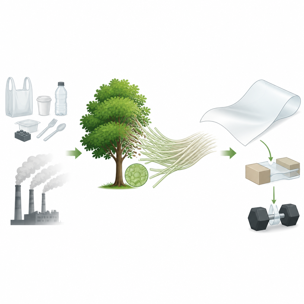 Figure 1. Convertir la celulosa vegetal en láminas claras, resistentes y tunables con agua que podrían reemplazar los plásticos cotidianos derivados del petróleo.
