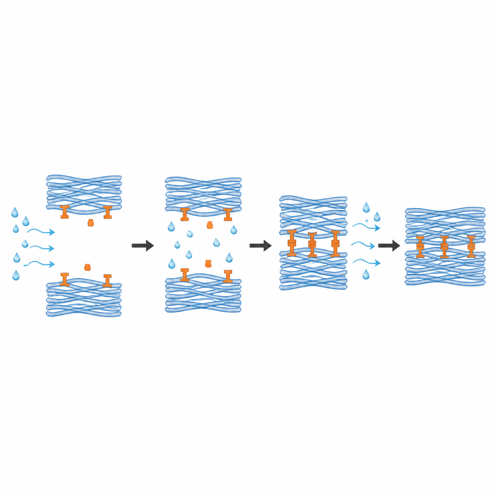 Figure 2. El agua afloja una red de origen vegetal para que pueda moldearse; al secarse, las cadenas se acercan y se bloquean en un sólido más fuerte y adhesivo.