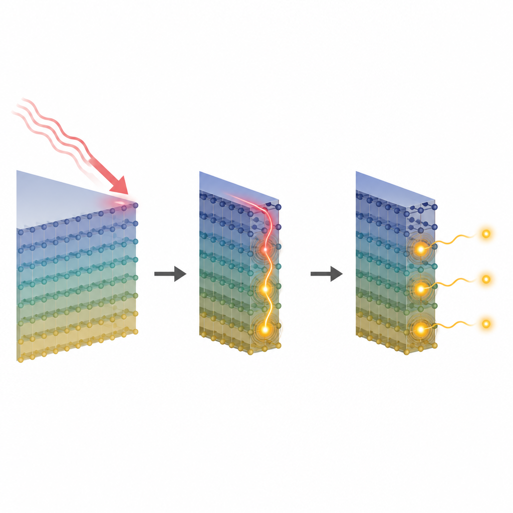 Figure 2. La luz de baja energía viaja a lo largo del borde de un cristal hacia sitios profundos que emiten cada uno un solo fotón.