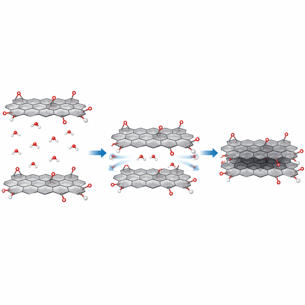 Figure 2. Wie Wasser herausgedrückt wird, wenn sich Graphenoxid-Schichten annähern und zu einem dichten, leitfähigen Stapel verriegeln