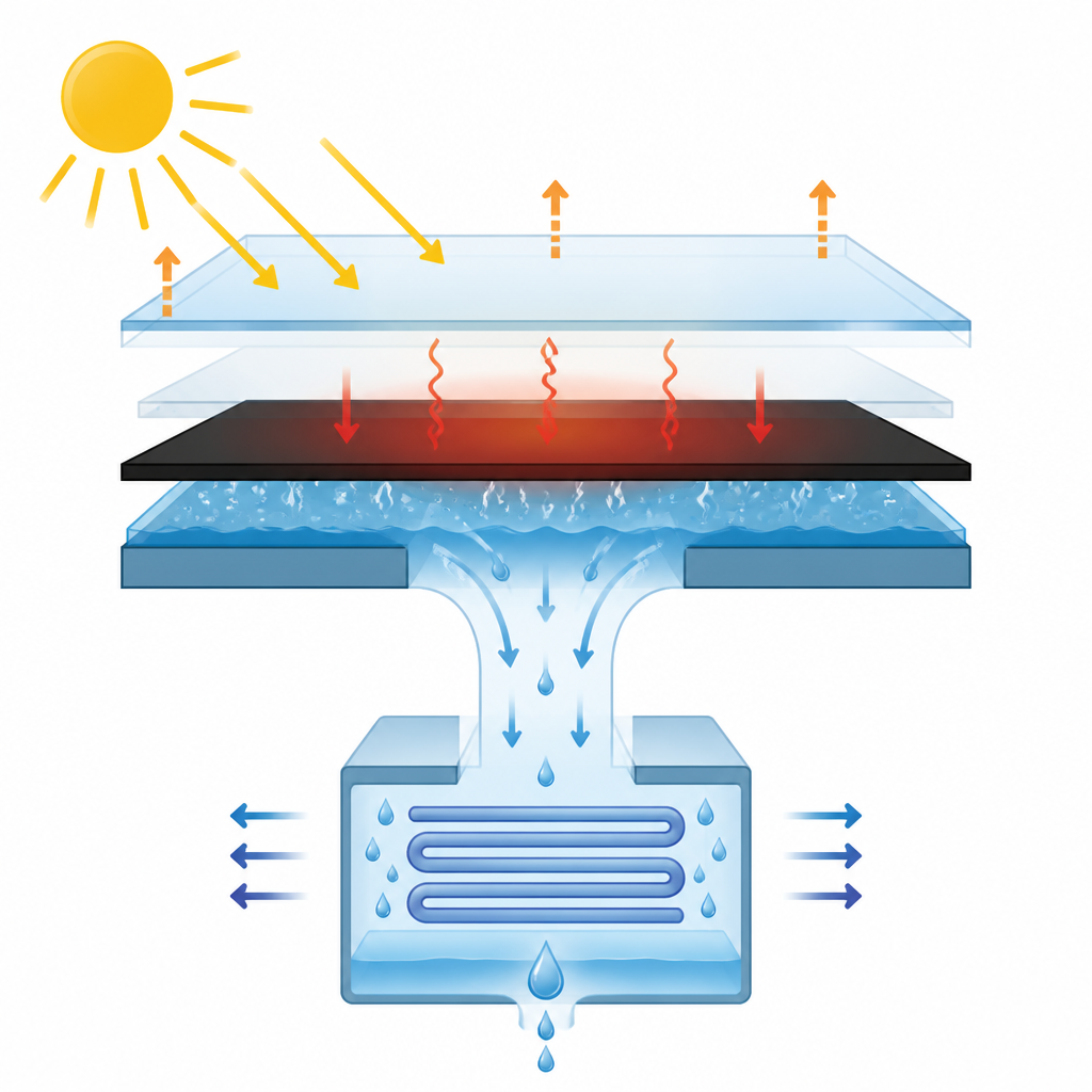Figure 2. تصميم موزع متعدد الطبقات لمقطرة شمسية يستخدم فجوة هوائية محتبسة وغطاء شفاف لتوجيه الحرارة والبخار مع إعاقة الفقد إلى الرياح والسماء.