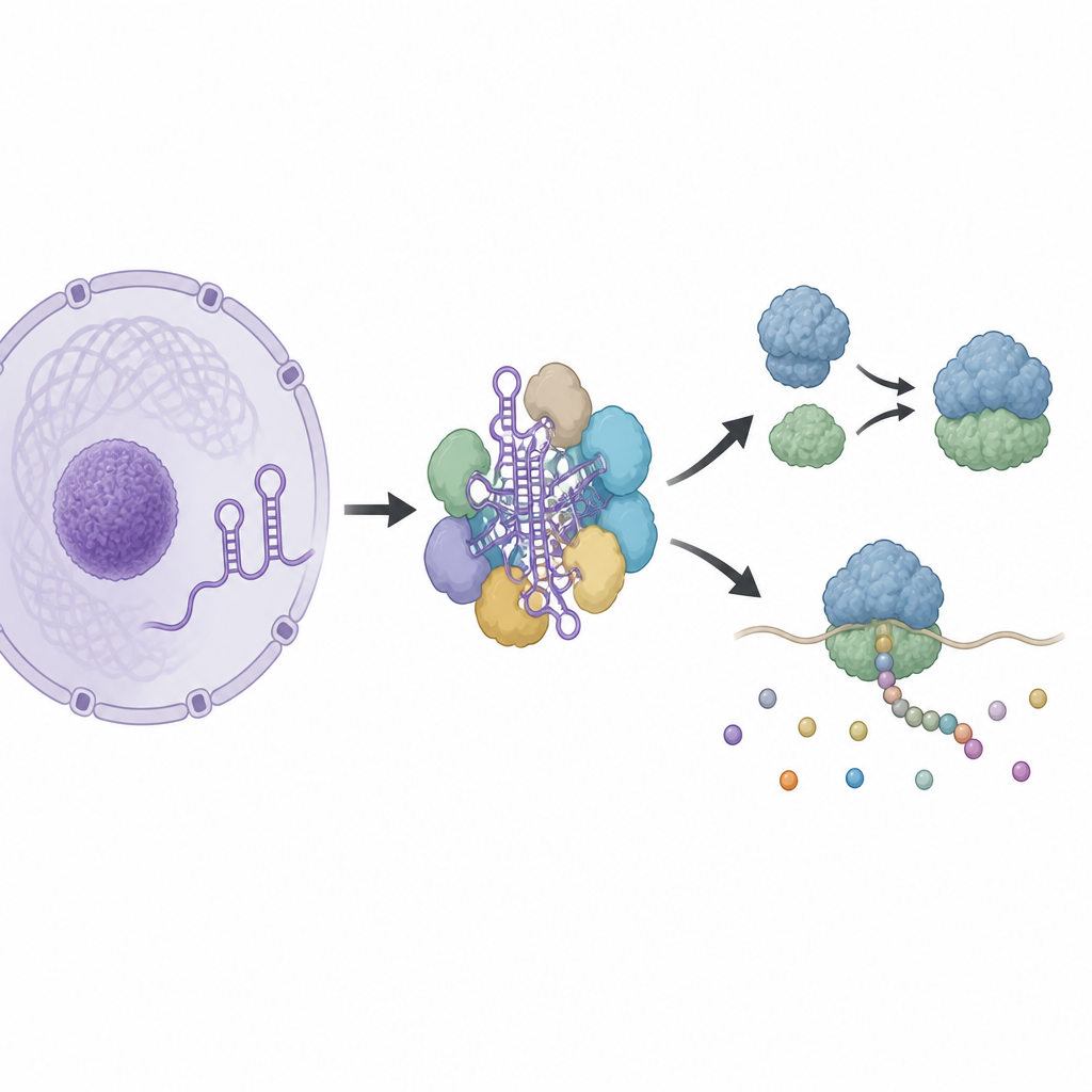 Figure 1. Hücrelerimizdeki özelleşmiş bir RNA–protein kompleksinin ham genetik materyali nasıl işleyip çalışır protein fabrikalarına dönüştürdüğünü.