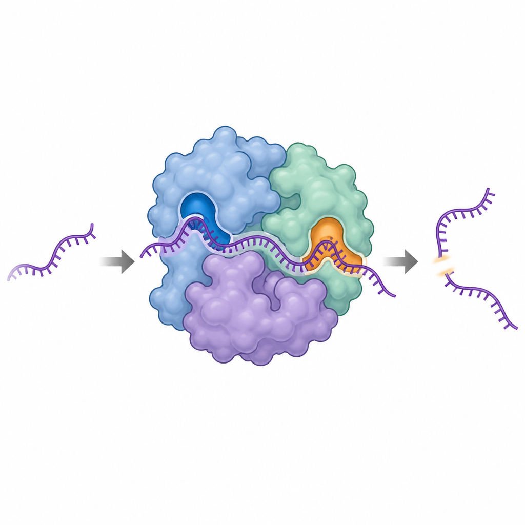 Figure 2. RNase MRP’nin gevşek bir RNA zincirini iki noktadan nasıl kavrayıp hassas bir biçimde kestiğini ve sağlıklı ribozom üretimini nasıl desteklediğini.