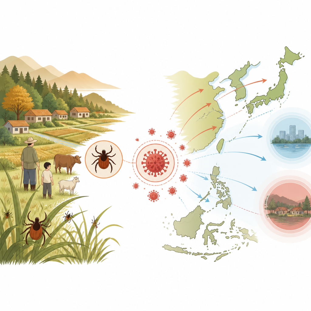 Figure 1. Cómo se propaga y evoluciona un virus transmitido por garrapatas en Asia Oriental por rutas terrestres y marítimas