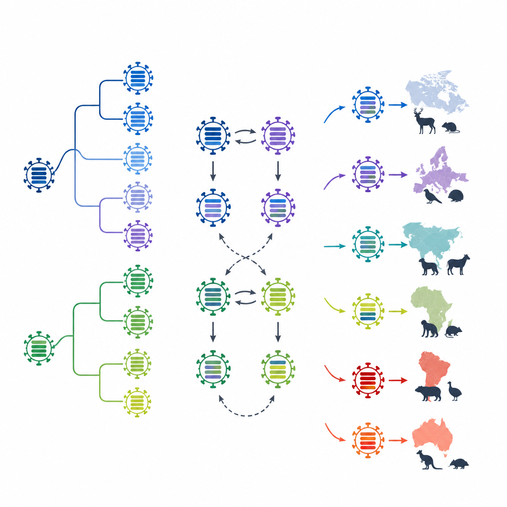 Figure 2. Cómo el virus transmitido por garrapatas intercambia fragmentos genómicos para formar nuevos tipos, algunos vinculados a enfermedad humana más grave