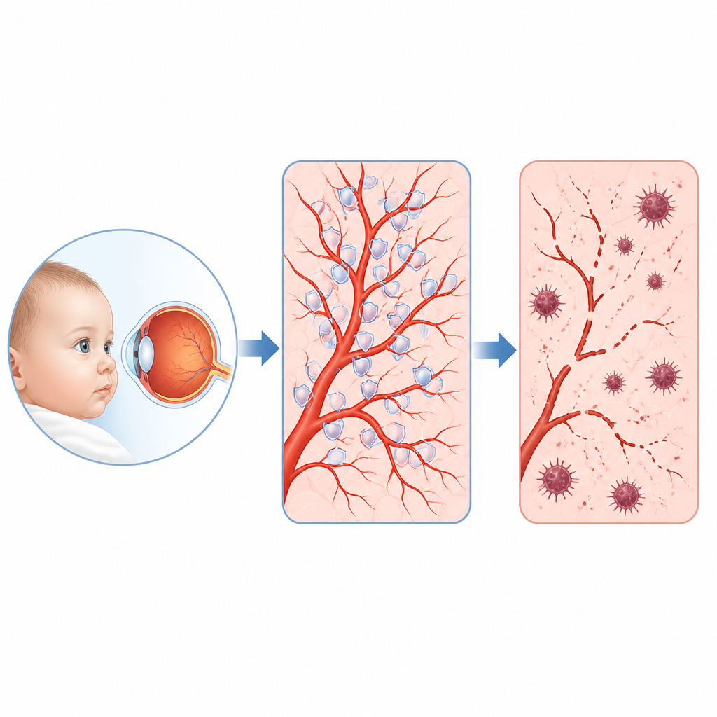 Figure 1. Come una rete protettiva nelle giovani arterie retiniche viene meno e porta a vasi fragili che minacciano la vista.