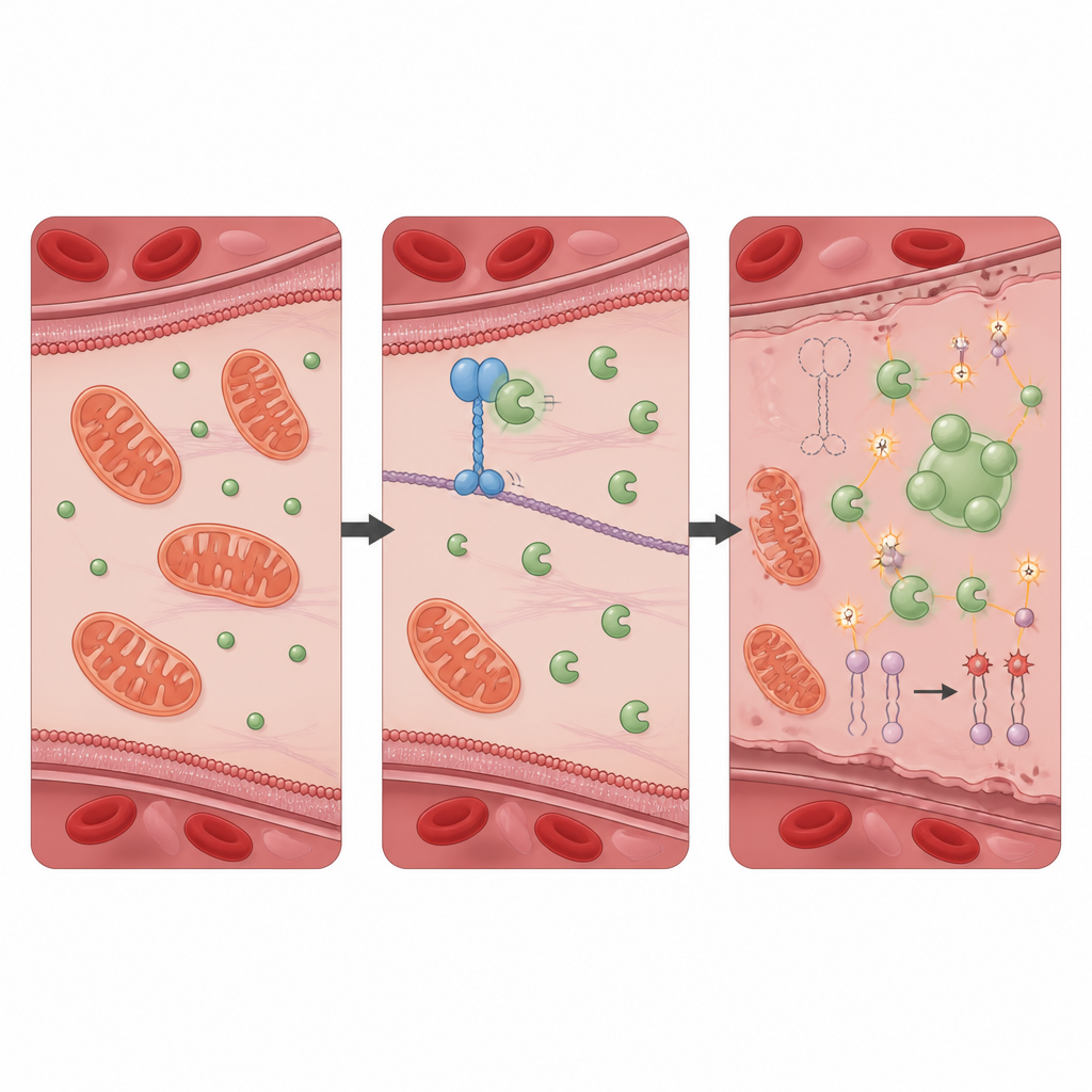 Figure 2. Una descrizione passo dopo passo di come la perdita di una proteina motrice consente a un enzima antiossidante di aggregarsi, provocando danni ossidativi alle membrane cellulari nelle cellule vascolari.