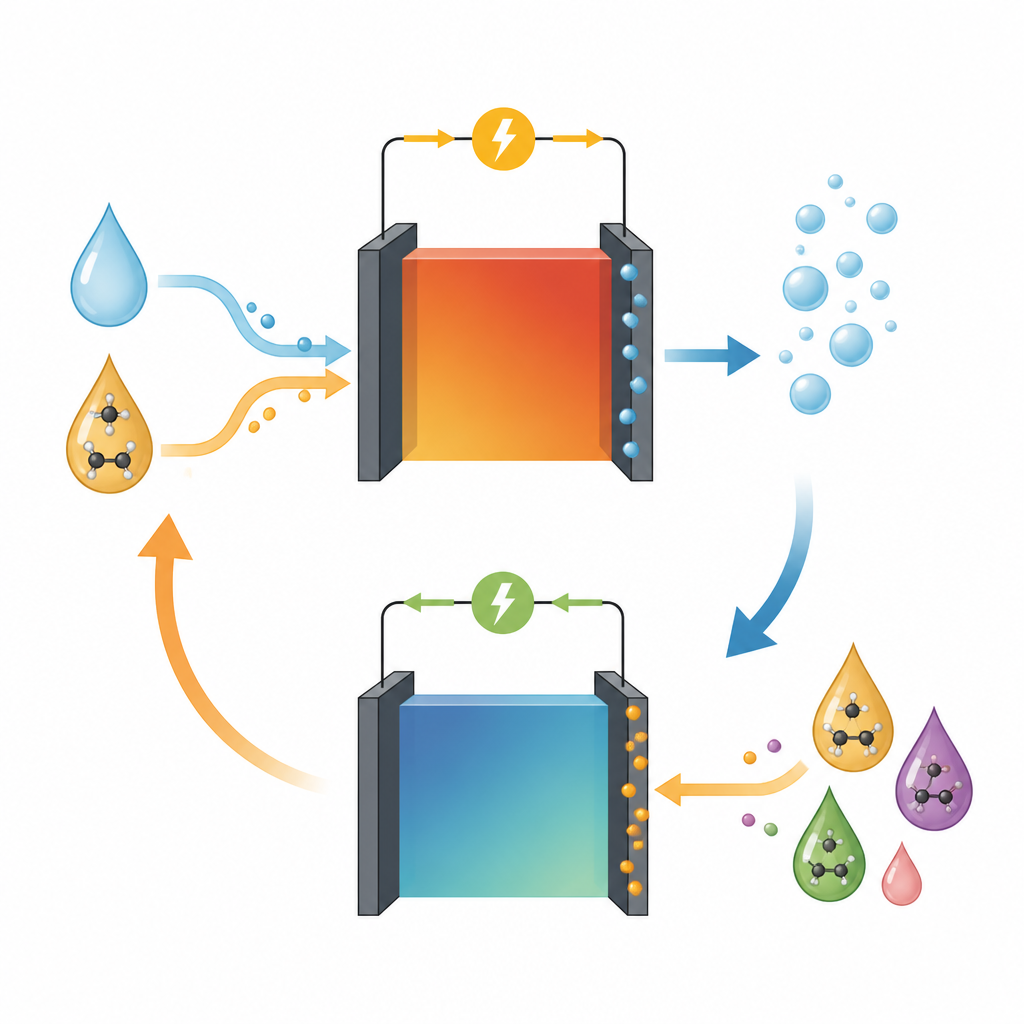 Figure 1. Célula en dos pasos que almacena electricidad mientras produce hidrógeno y líquidos valiosos a partir de agua y materias primas orgánicas sencillas.