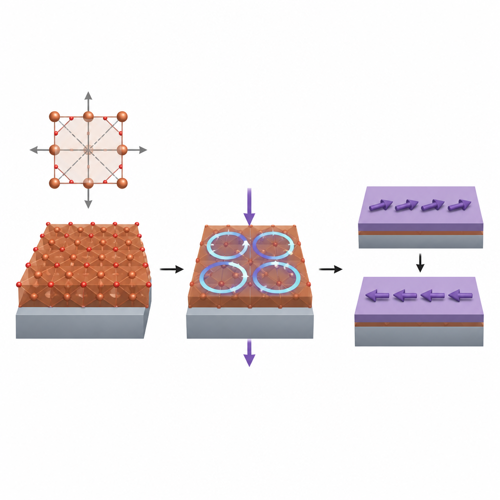 Figure 1. Il reticolo cristallino nei film sottili di CuO dirige movimenti elettronici nascosti per controllare magneti vicini con corrente elettrica.