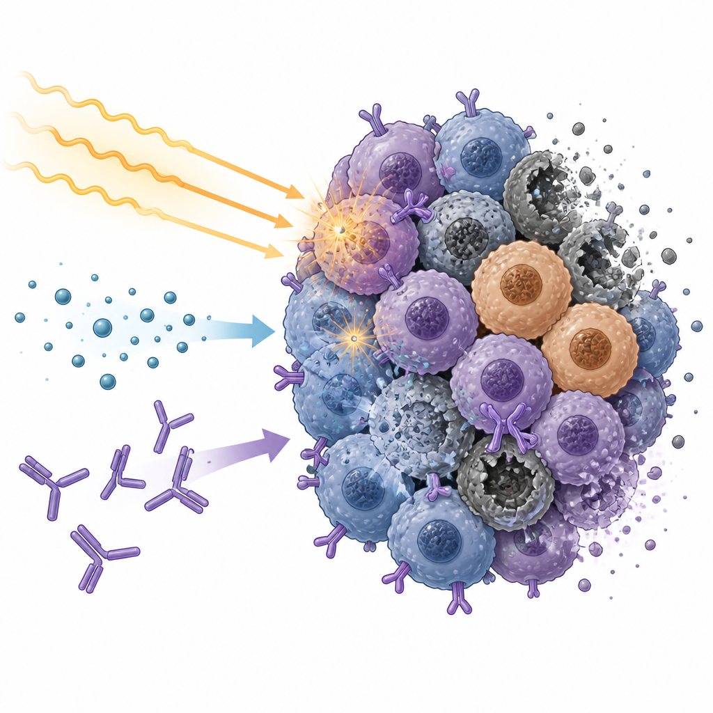 Figure 2. Approfondimento su come chemioterapia, radioterapia e un anticorpo mirato colpiscono le cellule tumorali mentre alcune cellule resistenti sopravvivono.