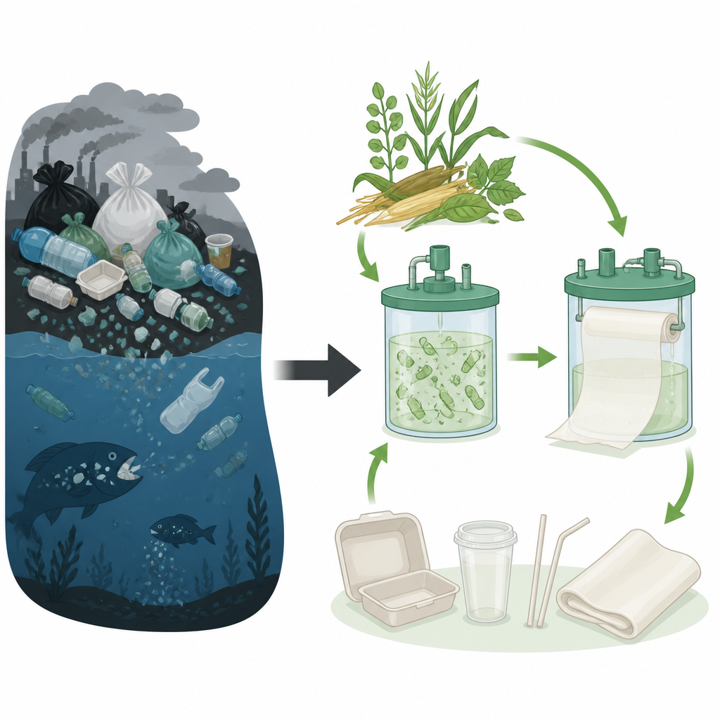 Figure 1. Cómo la celulosa bacteriana ofrece un camino más limpio desde la contaminación por plásticos hacia productos biodegradables de uso cotidiano.