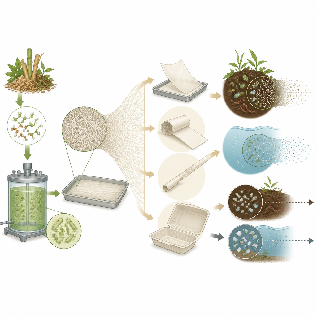 Figure 2. Cómo los microbios producen celulosa bacteriana y cómo estos productos se descomponen de forma segura en suelo y agua.