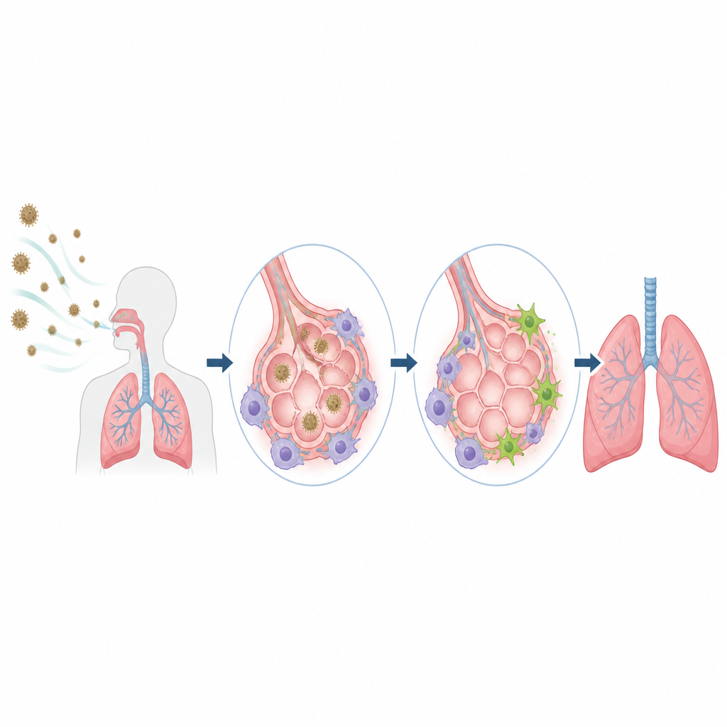 Figure 1. Soluduğumuz zararlı mantar sporları akciğerlere ulaştığında solunum alanlarını korumaya yardımcı olan akciğer destek hücrelerinin rolü