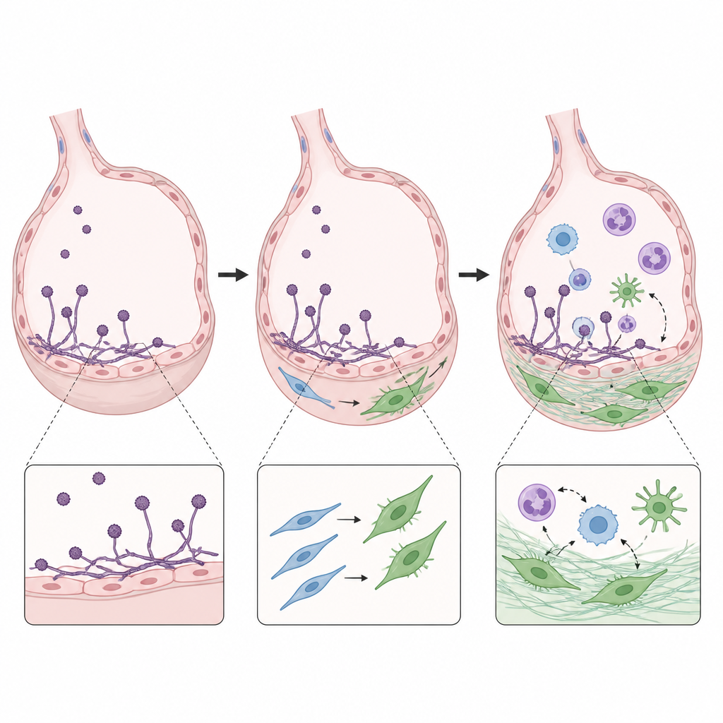 Figure 2. Fibroblastların mantarı algılaması, akciğer dokusunu yeniden şekillendirmesi ve hasarı sınırlamak için immün hücreleri yönlendirmesinin adım adım görünümü