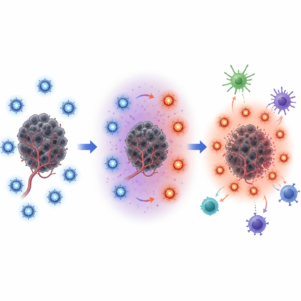 Figure 2. Inteligentne nanocząstki rozświetlają się mocniej w kwaśnych strefach guza, uszkadzając DNA raka i przyciągając komórki odpornościowe do guza.