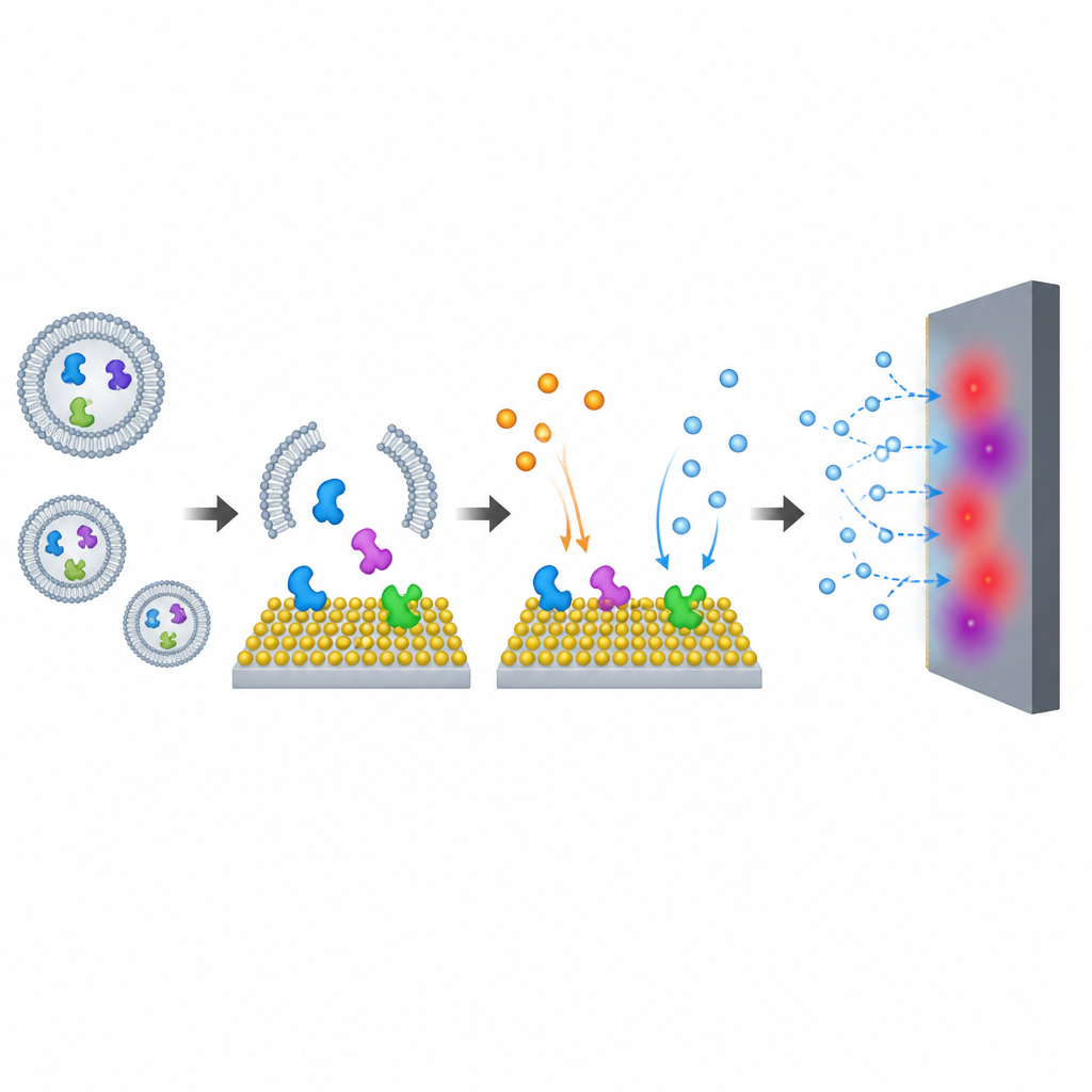 Figure 2. Veziküllerin içindeki enzim, bir nanomalzeme elektrodu tarafından güçlü bir elektriksel sinyale dönüştürülen bir gaz üretiyor.