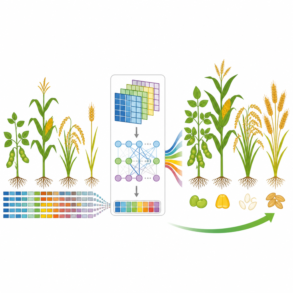 Figure 1. Yapay zekâ modeli, bitki ıslahı tercihlerini yönlendirmek için mahsulün DNA desenlerini kullanarak bitki özelliklerini tahmin ediyor