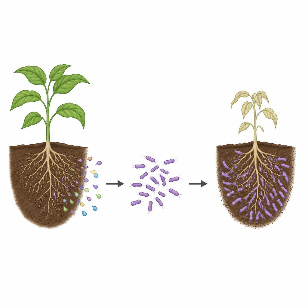 Figure 1. Como químicos radiculares destinados a ajudar as plantas em carência de ferro podem, em vez disso, alimentar crescimento bacteriano prejudicial.