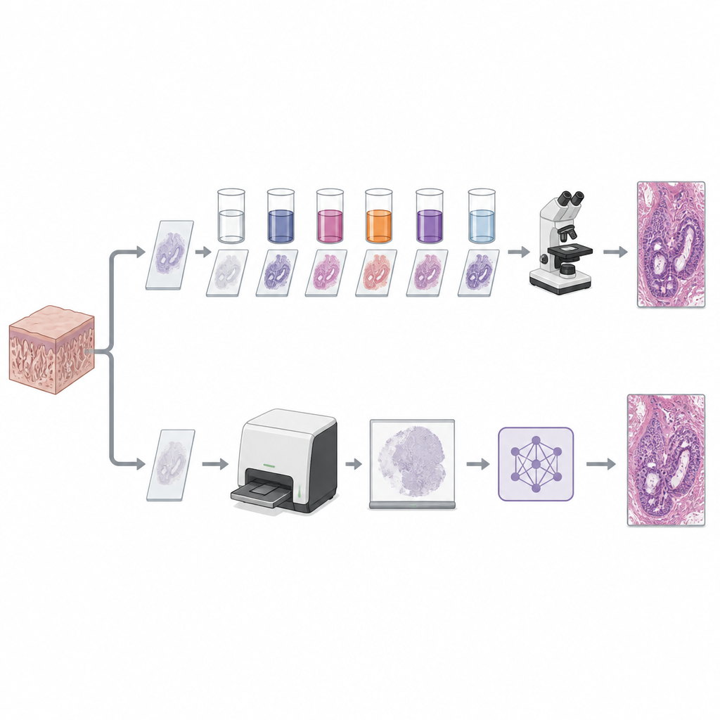 Figure 1. AI turns simple tissue images into realistic digital stains, reducing chemical steps in pathology.