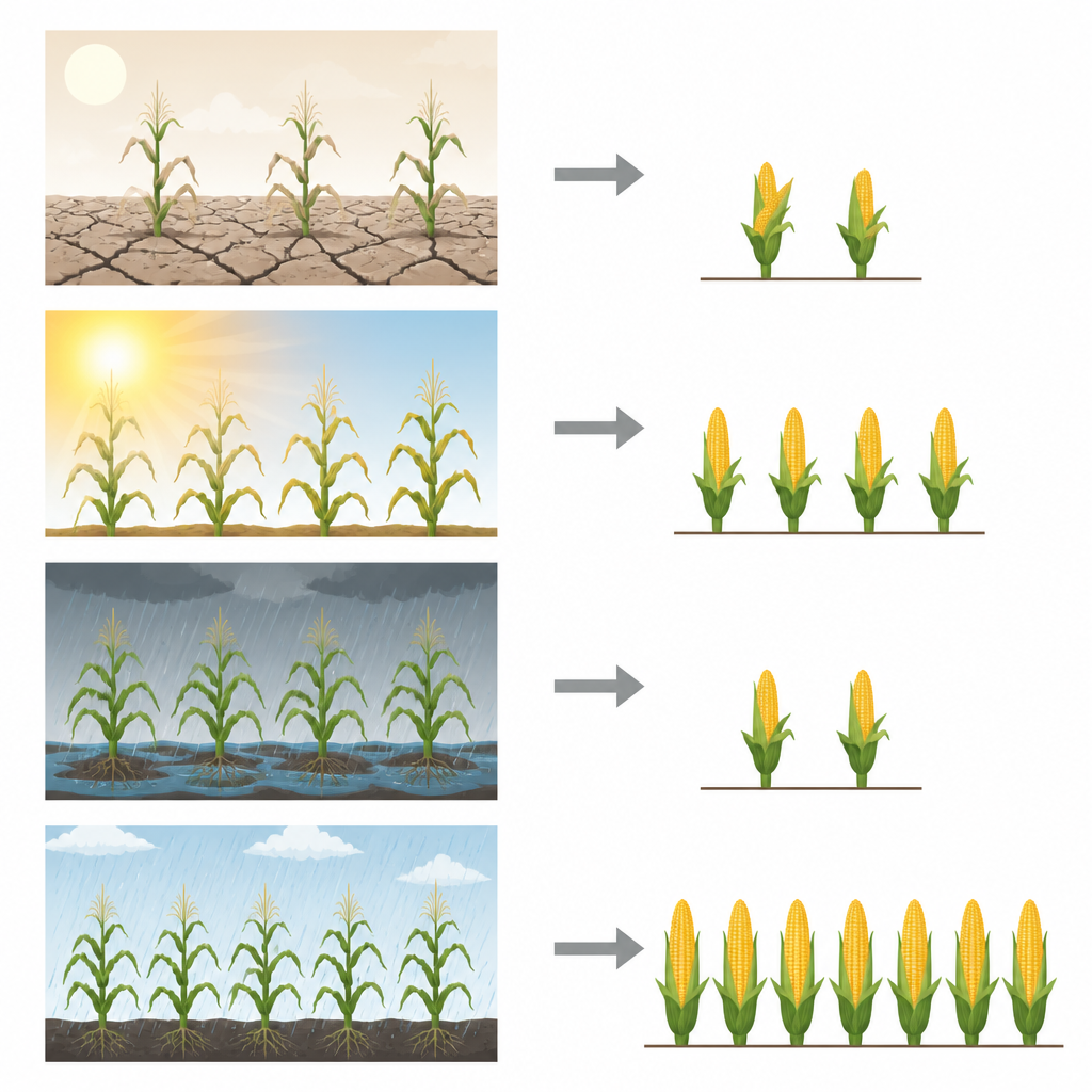 Figure 2. Jak różne wzorce temperatury i opadów wpływają na wzrost roślin kukurydzy i plony współczesnych odmian.