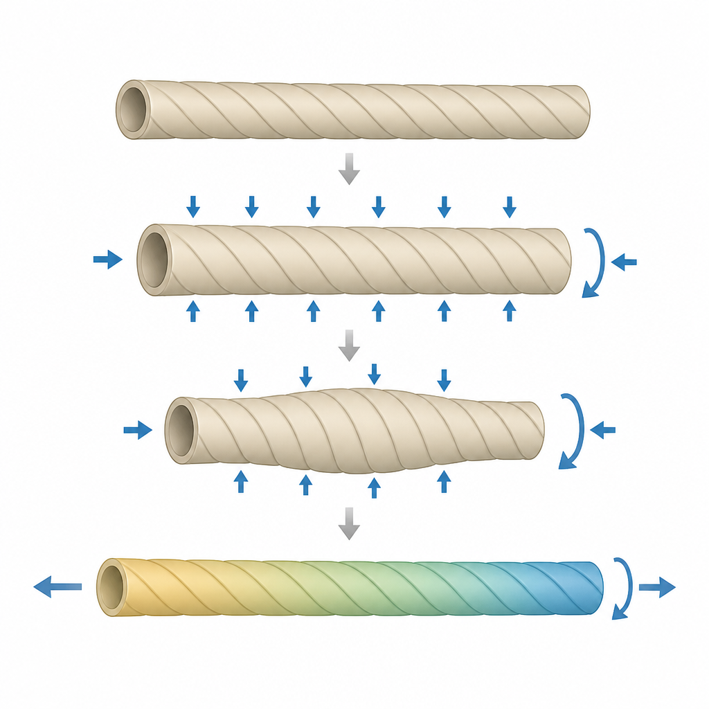 Figure 2. Bükümlü akıllı liflerin iç yapıları hava basıncıyla yeniden yönlenirken nasıl döndüğü, büzüştüğü ve sonra uzadığı.