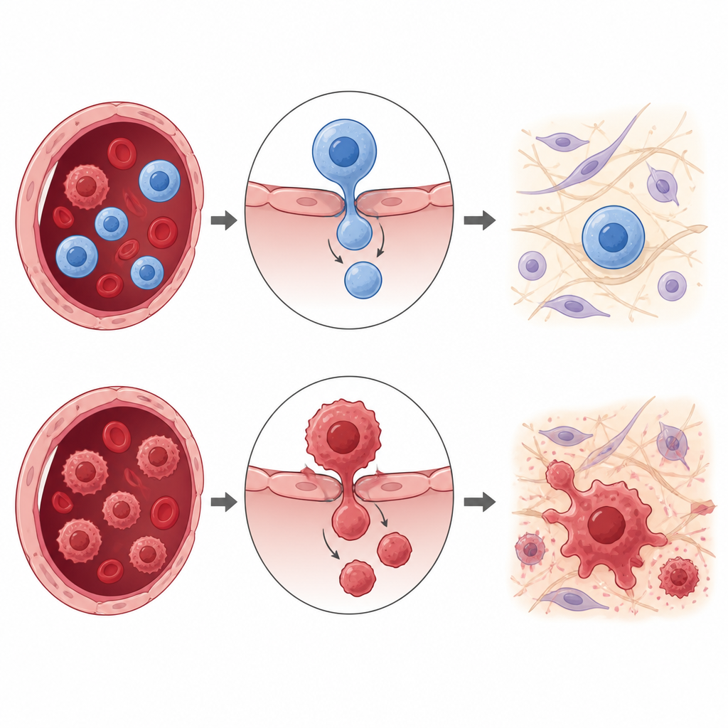 Figure 1. 生殖細胞やがん細胞が共有する脱出戦術として、血管から膨らませながら抜け出す仕組み。