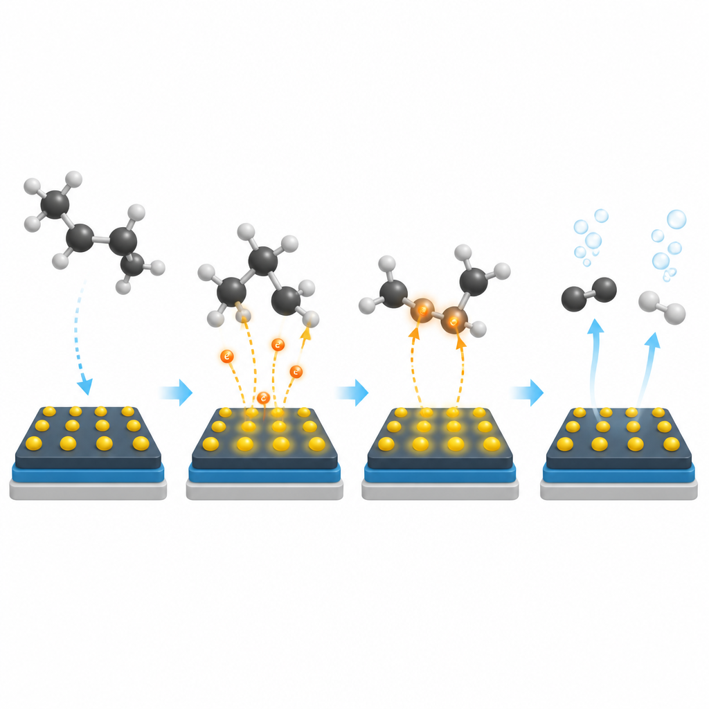 Figure 2. Elektronlar özel katalizör bölgelerinde toplanır ve yakıt bağlarına atlayarak bunları adım adım kırar ve hidrojen salar.