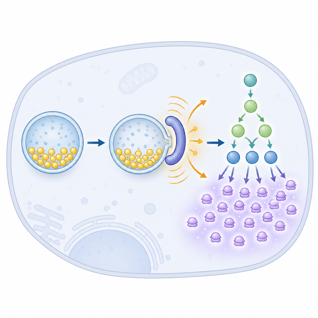 Figure 2. Inside one cell, bound cholesterol activates a receptor that triggers a cascade leading to higher protein production.