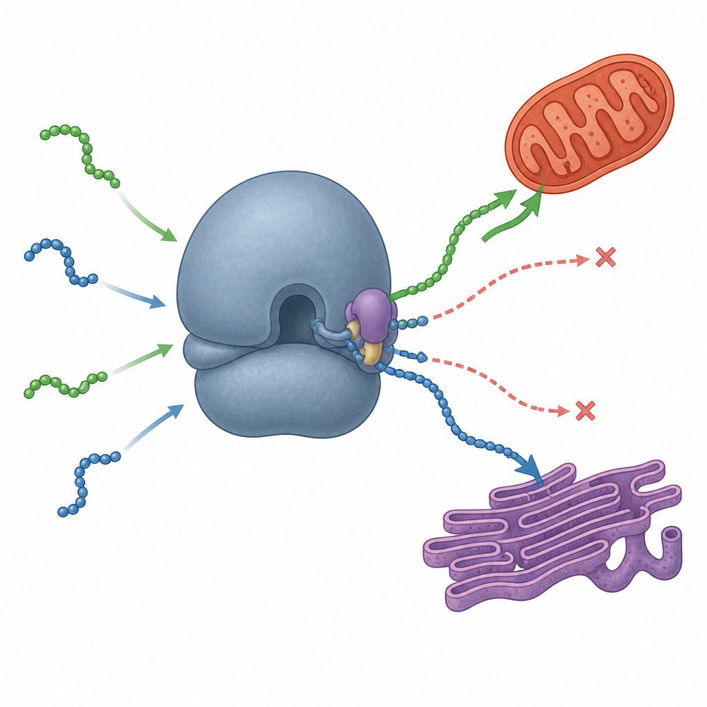 Figure 1. Come un guardiano legato al ribosoma guida le proteine neoformate verso mitocondri o RE senza errori