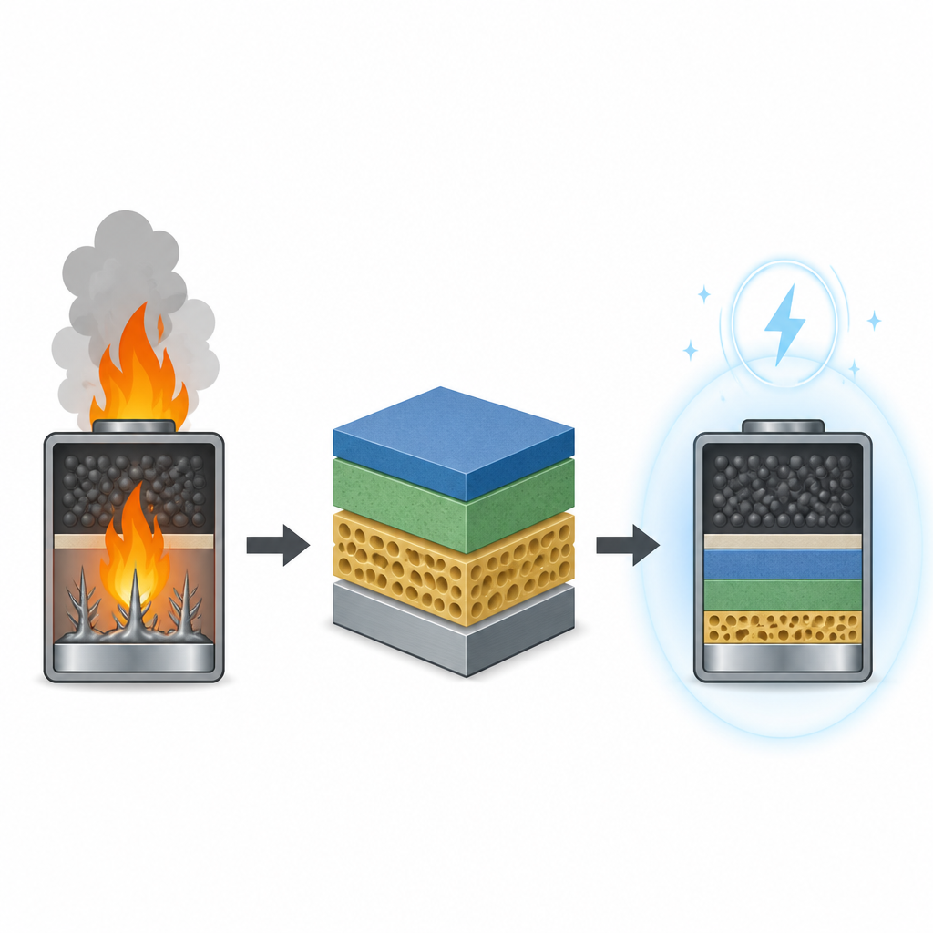 Figure 1. 金属リチウムの周囲に層状の保護構造を施して、火災リスクの高いリチウム電池をより安全なものに変える。