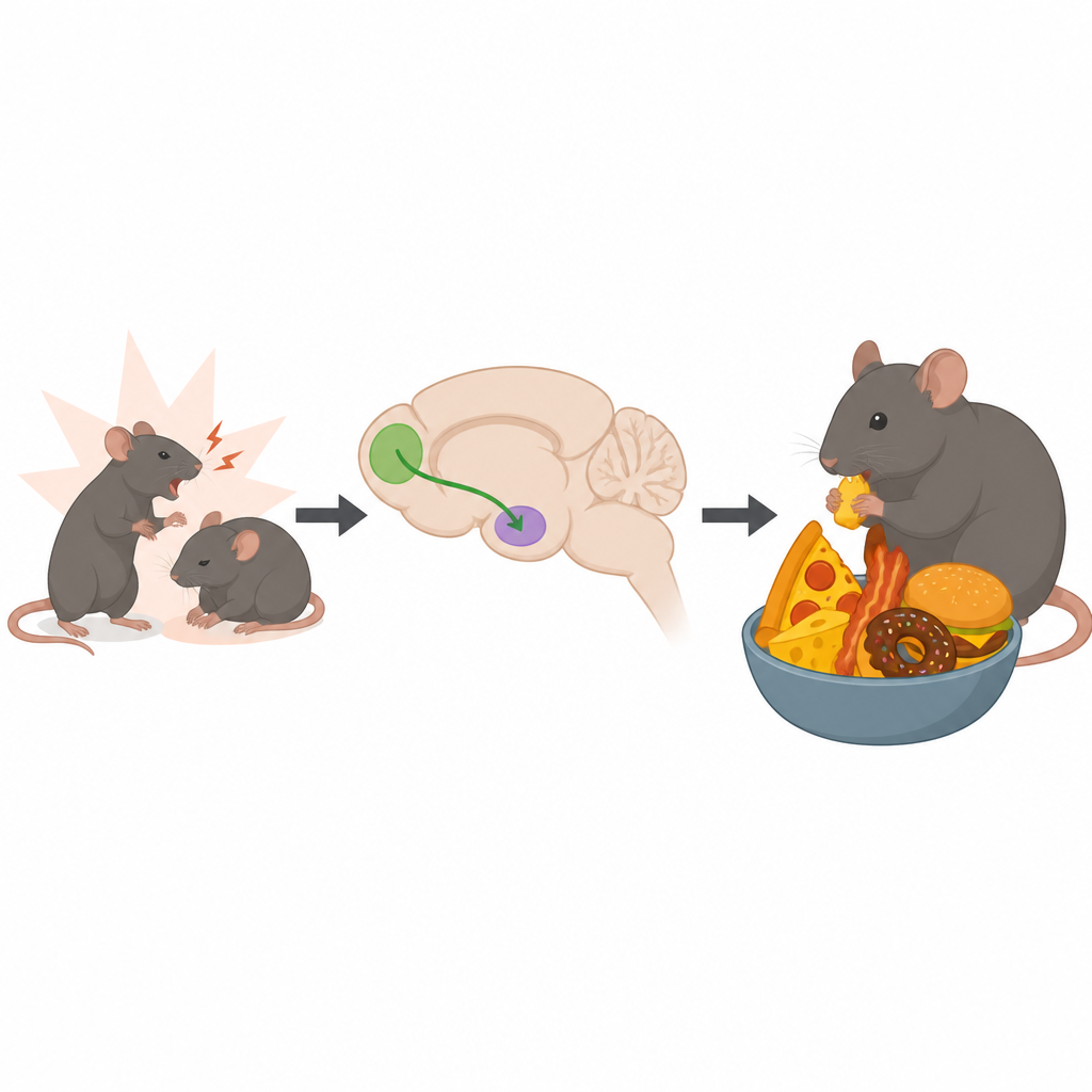 Figure 1. Stres sinyallerinin beyinde nasıl bir fareyi sosyal çatışmadan yağlı teselli gıdalarını aşırı yemeye götürdüğü.
