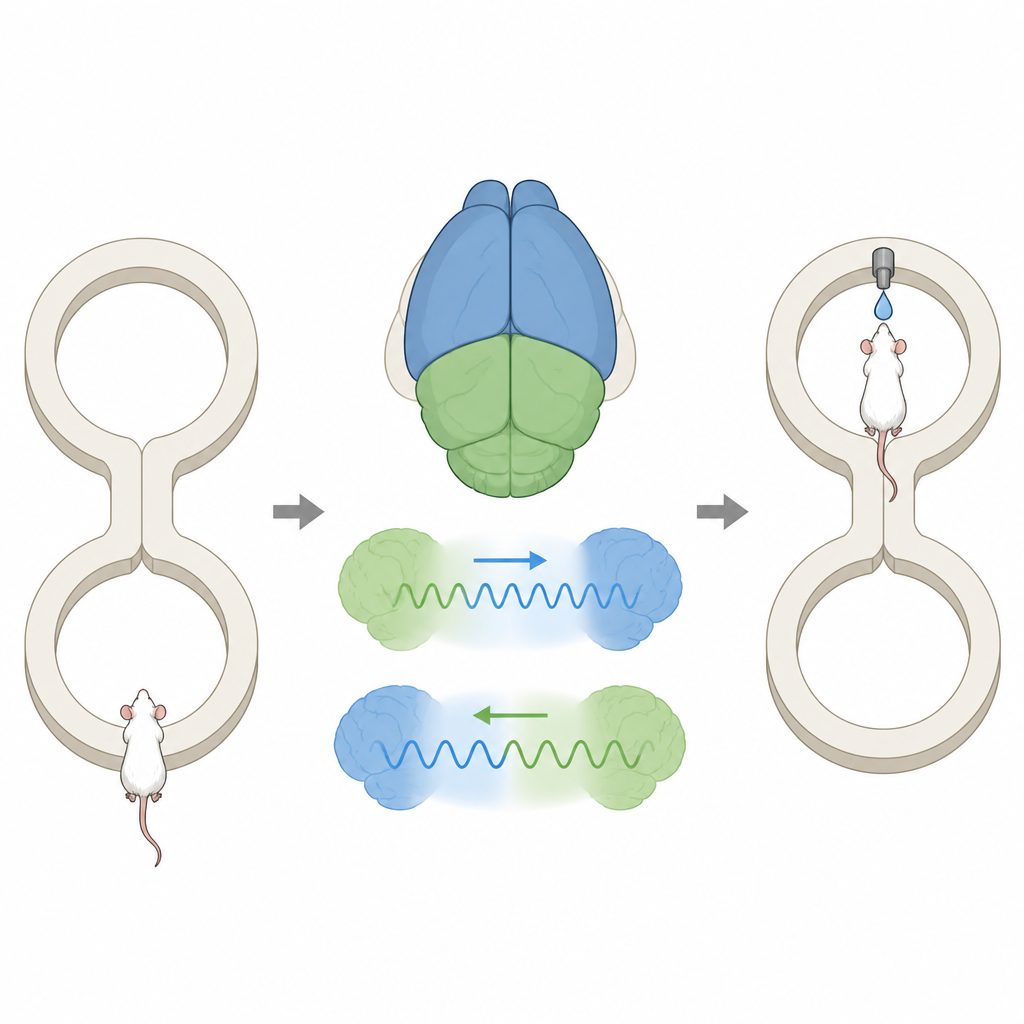 Figure 2. Ondas bidireccionales de actividad que conectan la parte posterior y anterior del cerebro del ratón mientras este elige giros y recibe recompensas en un laberinto