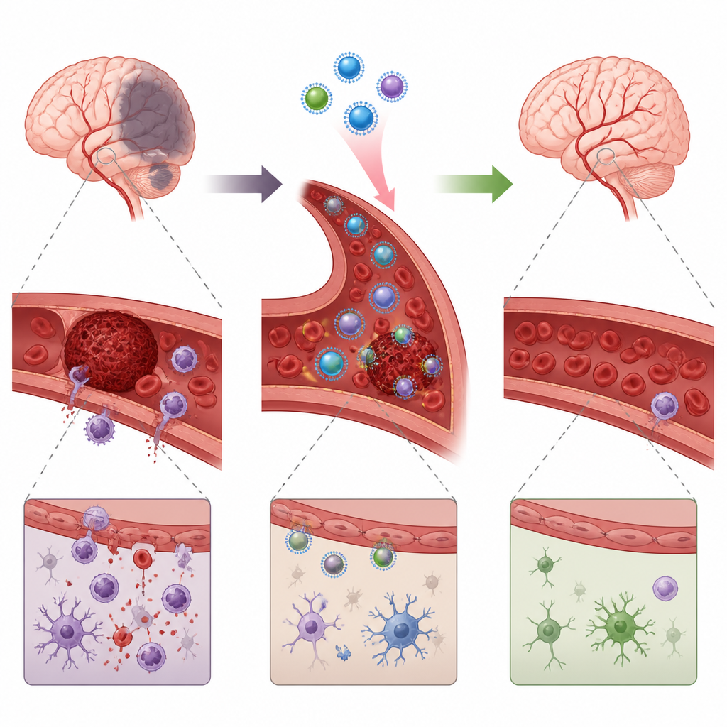 Figure 1. Nanopartículas dirigidas entregan un fármaco trombolítico a vasos cerebrales obstruidos limitando al mismo tiempo el riesgo de sangrado.